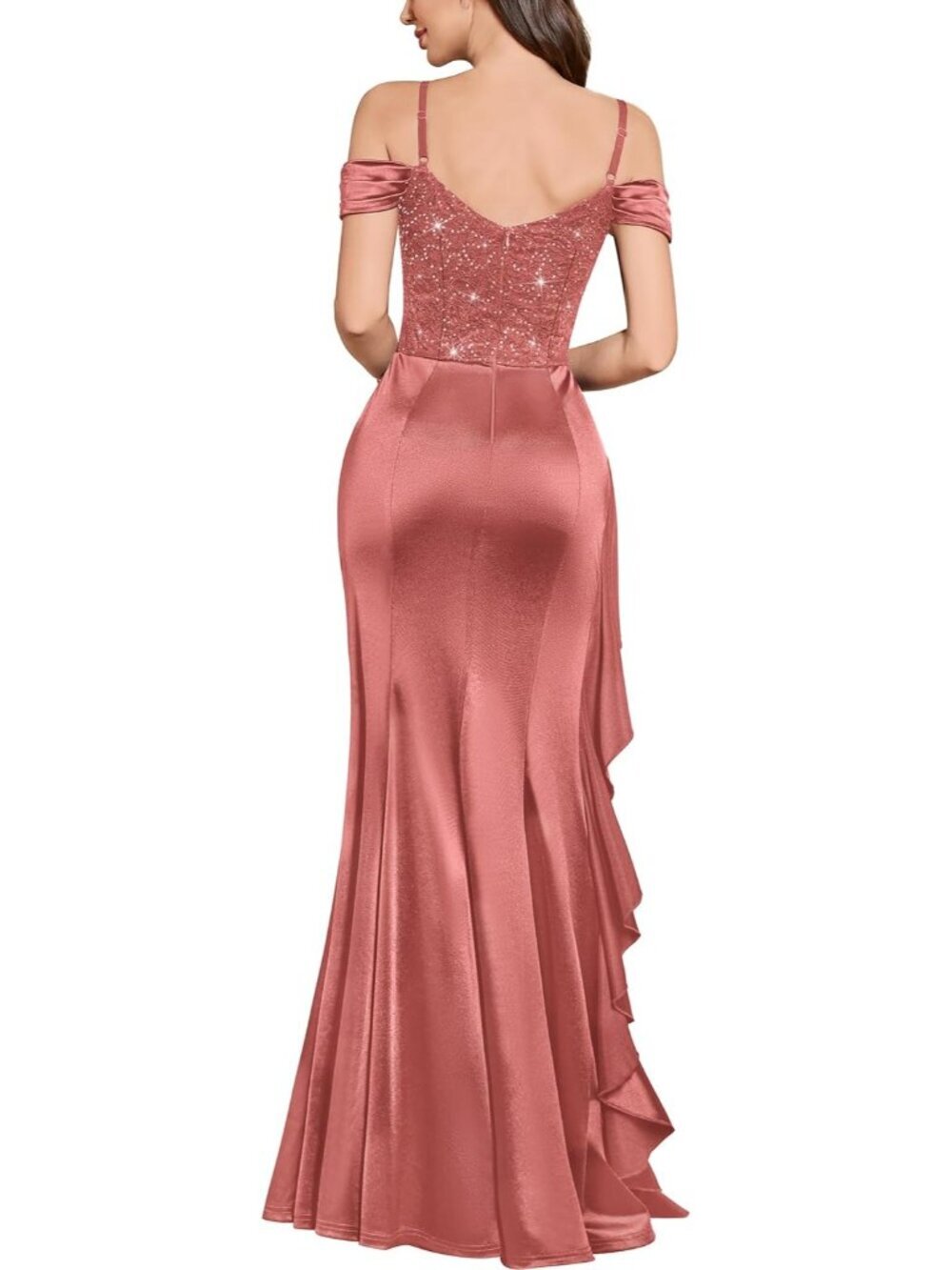 Women's Cinnamon Pink Off Shoulder Sequin Lace Bridesmaid Long Formal Maxi Dress - Picture 2 of 6